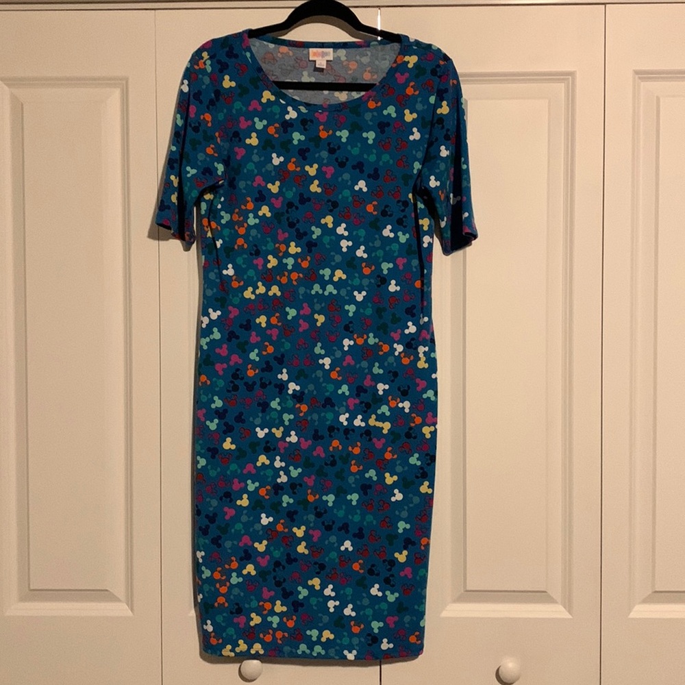 Lularoe L Disney Julia teal background with multicolored Minnie and Mickey heads